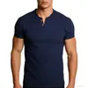 Camiseta de Manga Corta de Algodón y Lino con Cuello en V para Hombre de Comercio Exterior Transfronterizo, Tops de Camisa de Lino de Color Sólido de Manga Corta con Dos Botones Ajustados para Hombre