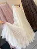 Falda larga de malla abullonada estilo suave para mujer, otoño, cintura alta, fluida, holgada, plisada, línea A, estilo pastel