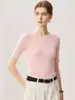 Camiseta de manga corta para mujer, cuello redondo, ajuste ceñido, de hilo Yangzi 100% lana de hilado fino, top de punto suave y cómodo