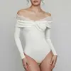Transfronterizo Europeo y Americano 2026 Nuevo Elegante Body de Encaje Delgado Ajustado con Hombros Descubiertos Blanco de Manga Larga Nudo Retorcido Delgado