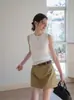 Chaleco de punto sin mangas de cuello redondo color caqui, único y versátil para mujer, nuevo estilo de verano, adecuado para ir al trabajo y uso casual, top tipo jersey adelgazante