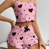 Roupas de Casa Femininas Mais Vendidas no Exterior Shorts de Alcinha Estampados com Coração Roupa de Fora Casual com Listra Canelada Pijamas Femininos Europeus e Americanos