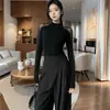 Camiseta de Malha com Recortes Levemente Transparente de Manga Longa, Estilo Puro Desejo, para Mulheres, Primavera e Outono, Sexy, Sexy, Slim, Efeito Emagrecedor