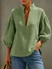 Amazon Cross-Border Roupas Femininas Gola V Zíper Metálico Manga Lanterna Solta Camisa Cor Sólida Estilo Europeu e Americano Top Casual