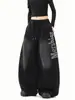 Jeans Lavados Negros Degradados Desgastados Tipo Cimitarra para Hombres y Mujeres Ropa de Calle Retro Sueltos de Pierna Ancha Pantalones de Jazz con Letras