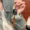 Correa de Cuero con Patrón de Metal y Bambú Reina Madre Adecuada para Apple Watch iWatch 12ª Generación 11/10