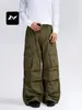Feng Mei Calças de Trabalho Paratrooper Americanas Multibolsos Plissadas Unissex Retro Desgastadas Emagrecedoras Retas Largas Casuais