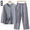 Camisa de Algodão Puro com Botões para Ar Condicionado para Homens de Meia-Idade e Idosos, Conjunto de Pijama de Manga Longa, Cardigã Fino Solto de Verão, Roupa de Casa