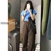 Calça Jeans Marrom de Perna Larga Estreita Feminina Nova Primavera e Outono 2024 Marrom Retrô Americano Cintura Alta Solta Reta