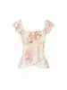 Blusa de Renda Floral com Gola Quadrada Estilo Francês e Mangas Curtas Leves para Mulheres, Barra Irregular, Ajuste na Cintura, Camiseta Curta Slim Fit, Novo Estilo