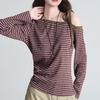 Camiseta Listrada Patchwork Ombro a Ombro Amarração Manga Longa para Mulheres, Outono 2025 Novo Trendy Estilo Coreano Casual Top Ombro a Ombro