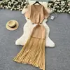 Conjunto de Saia Duas Peças Estilo Maduro Leve Verão 2025 Top Tricotado de Manga Curta High-End Saia Plissada de Cintura Alta