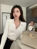Cuello Polo Estilo Coreano Versátil Camiseta de Fondo de Punto 2024 Otoño Nuevo Suéter Top de Manga Corta Larga Ropa de Otoño para Mujer