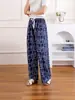 Calça Larga Feminina Estampada de Seda de Gelo Transfronteiriça, Calça Casual Solta de Cintura Alta para Casa, Estilo Fino de Verão para Mães de Meia-Idade e Idosas
