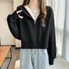 Otoño e Invierno Nuevo Contraste de Color Cuello Marino Sudadera Media Cremallera para Mujer Holgada Estilo Coreano Estilo Occidental Combinable Top Suave de Manga Larga