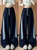 Pantalones deportivos de pierna ancha para mujer, color azul marino, con cordón, pierna curva, estilo nuevo de otoño, cintura alta, adelgazantes, estilo americano, para petite, a rayas