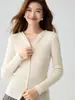 Suéter feminino de caxemira para outono e inverno, cor sólida, com zíper, com capuz, canelado, corte justo, malha de base, lã quente para mulheres
