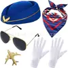Cosplay de Aeromoça Mais Quente da Amazon Pronto para Baile de Máscaras Traje Pronto Peça Única Chapéu Óculos de Sol Lenço de Seda Broche