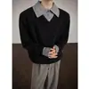 Suéter falso de duas peças estilo "old money" para homens, primavera e outono, camisa de malha casual trendy de alta qualidade com gola polo e mangas compridas