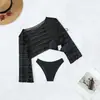 Nuevo Cubre-traje de Malla Europeo y Americano Protección Solar Ropa de Playa Traje de Baño Amazon Bikini Sexy de Manga Larga Conjunto de Tres Piezas para Mujer