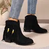 Botas de Salto Grosso e Cano Alto, Estilo Western com Franjas, Botas de Moda Feminina Tamanho Grande, Botas de Equitação de Bico Redondo, Sem Cadarço, com Pedrarias