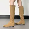 Botas cuadradas para mujer con 3 cm de altura interior, botas altas de terciopelo, otoño e invierno, con cremallera trasera, botas de montar de gamuza ajustadas, versátiles para mujer