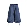 Pantalones Cortos de Trabajo para Hombre, Marca de Moda High Street, Diseño de Cintura con Cordón y Pliegues, Multibolsillos, Pierna Ancha Suelta, Pantalones de Siete Octavos