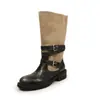 Botas de Cavaleiro Color Block de Couro + Camurça Femininas Botas Simples Polidas Outono Novo Couro Genuíno Bico Redondo Fivela Salto Médio Meia-panturrilha