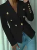 Novo blazer feminino preto estilo europeu e americano, corte slim, com botões dourados de abotoamento duplo, comprimento médio, adequado para o local de trabalho e deslocamento, atacado de fábrica