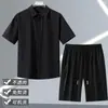 Camisa de Seda de Hielo para Hombre de Moda Nicho Casual Retro Americano Conjunto de Dos Piezas Camisa y Shorts Deportivos