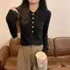 Suéter de Tricô com Gola Polo e Fivela de Metal para Mulheres, Design Primavera 2026, Top Interno Canelado, Camada Base, Suéter Preto