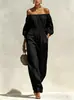 Mono casual de una sola manga para mujer, cintura elástica, manga larga, pierna ancha, color liso, nuevo estilo europeo y americano 2026, pantalón largo para mujer