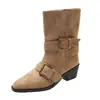 Botas de Caballero Retro Francesas de Media Pantorrilla Punta Fina Botas con Dobladillo en el Tobillo Nuevas de Otoño Invierno para Mujer Botas Martin Adelgazantes Botas Vaqueras