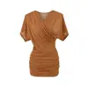 Vestido Corto Sexy de Mujer con Escote en V Profundo y Mangas Cortas Nuevo Estilo Francés Plisado Ajustado a la Cadera Elegante Falda Corta que Ceñe la Cintura