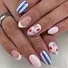 Manicura Larga Almendrada Floral de Fresa Rústica Blanco Francés Rosa Rayas Azules Dulces Uñas Postizas Desmontables