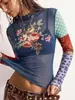 Blusa de malha retrô de manga longa, best-seller transfronteiriço europeu e americano para mulheres, com retalhos color block e design semi-transparente, moderno e de comprimento curto.