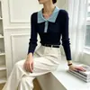 Toma real: Top de punto de manga larga con cuello polo y bloques de color estilo coreano, diseño nuevo, moderno y ajustado, versátil para mujeres