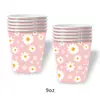 Suministros para Fiesta Temática de Margaritas Rosas Transfronterizos Servilletas de Papel Desechables, Vasos de Papel, Platos de Papel, Juego de Vajilla Floral