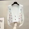 Cardigan de Tricô Gola V Estilo Preguiçoso Novo Estilo 2026 para Mulheres, Caimento Solto, Emagrecedor, Suéter Colete Bordado em Camadas Peça de Roupa Externa