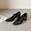 Versão em Couro de Vaca~Salto Médio de 5,5cm Primavera Estilo Francês Versátil para o Trabalho Couro Genuíno Bico Quadrado Raso Retro Sapatos Mary Jane