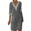 Amazon AliExpress Otoño Europeo y Americano Algodón y Lino Cuello en V Pequeño Puntada de Encaje Color Sólido Retro Manga de Siete Puntos Vestido para Mujer