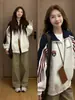 Sudadera Oversize de Rayas Americanas en Contraste Estilo Coreano para Mujer Otoño Temprano Primavera y Otoño Cardigan Delgado Holgado Chaqueta con Cremallera