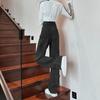 Calça Jeans Reta com Botões Duplos, Feminina Azul Claro, Novo Estilo Cintura Alta 2025, Calça Wide Leg Solta e Elegante, Com Caimento Longa até o Chão