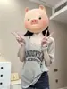 Blusa Casual Estampada de Manga Curta Estilo Coreano Plus Size para Mulheres, Camiseta de Verão Estilo College, Caimento Solto para Cobrir Figuras Curvilíneas