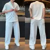 Traje Casual de Dos Piezas para Hombre, Estilo Old Money de Verano, Cuello en V, Textura de Raya Vertical, Corte Holgado, Talla Grande, Cárdigan de Manga Corta y Pantalones Largos