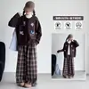 Nueva colección de otoño para niñas: Cárdigan de punto estilo coreano con detalles de ganchillo, conjunto informal de pantalones a cuadros, pantalones de pierna ancha y abrigo de punto