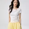 Camiseta Asimétrica de Cuello Retorcido, Manga Corta, para Mujer, Hecha de Algodón Tencel Lyocell, Nuevo Estilo de Verano, Top Versátil Fruncido