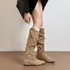 Botas Vaqueras Occidentales de Estilo Coreano Nuevas para Otoño/Invierno 2026 para Mujer, con Tacón Oculto, Tacón Grueso, Gamuza, Caña Ancha de Moda, Efecto Adelgazante y Diseño de Volantes