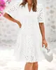 Vestido de Playa de Manga Corta para Mujer Amazon Vacaciones 2026 Vestido de Encaje con Escote en V y Corte Francés Vestido de Línea A de Alta Gama