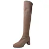 Botas Longas Acima do Joelho para Mulheres 2026 Novo Estilo de Primavera Salto Alto Salto Bloco Camurça Emagrecedoras Botas Que Aumentam a Altura Botas Amassadas